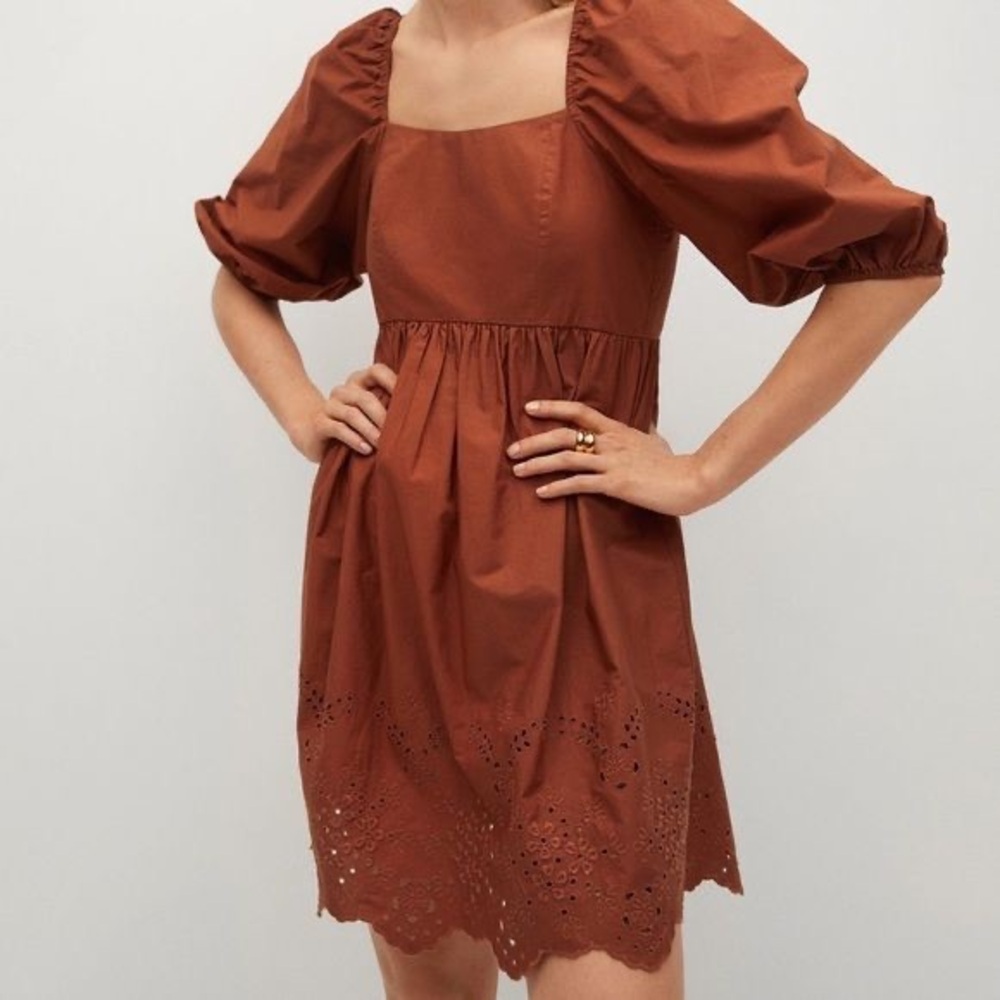 Mango Swiss Embroidery Popelin Dress Burnt Orange